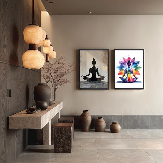 GELDSTEI Wood Framed Zen Wall Art, Chakra Yoga Wall Decor, Colorful Meditation Poster Print, Spiritual Canvas Painting, Vibrant Meditating Woman Aesthetic Picture for Living Room Yoga Studio 12"x16"