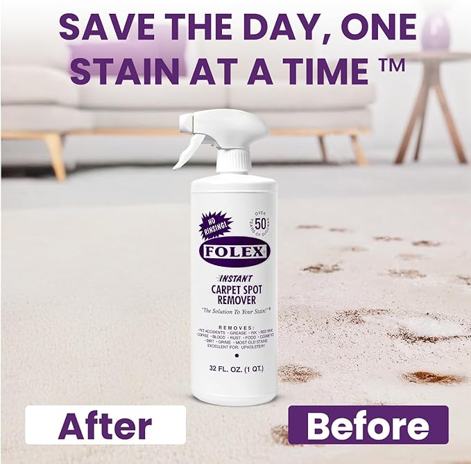 FOLEX Instant Carpet Spot Remover 32 oz – Powerful Stain Remover for Carpets, Upholstery & Rugs – Eliminates Pet Stains, Grease, Red Wine, Food, Makeup & More – With Reusable Cleaning Cloth - 5 Pack