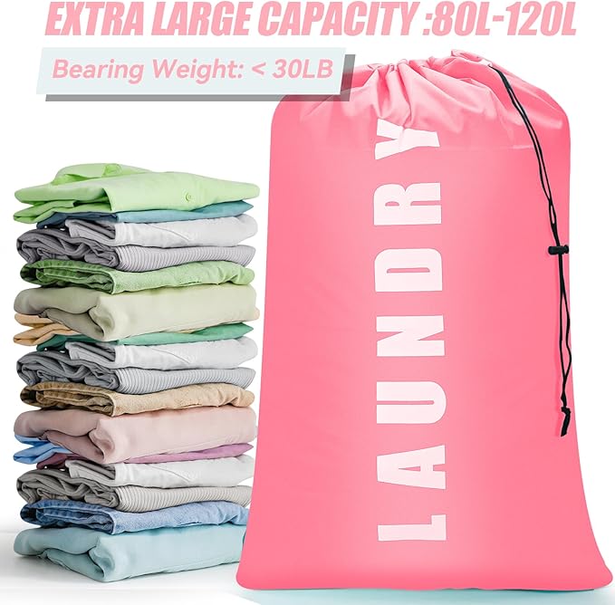 Isink Laundry Bag, 2 Pack Travel Laundry Bags for Dirty Clothes, Large Laundry Bags for Camping & Traveling, Dirty Clothes Travel Bag, 24" x 36" (Cyan + Pink)