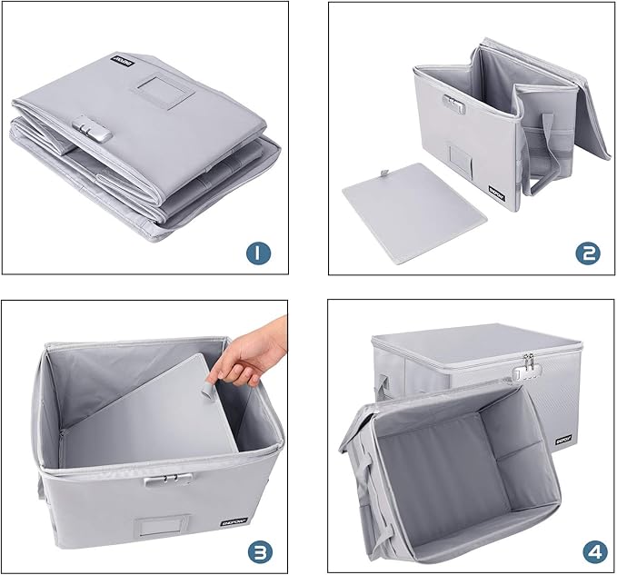 ENGPOW File Box with Lock, Fireproof Document Box with Zipper & Pockets, Collapsible File Organizer Filing Storage Cabinet with Handle, Portable Home Office Safe for Hanging Letter/Legal Folder, Silver