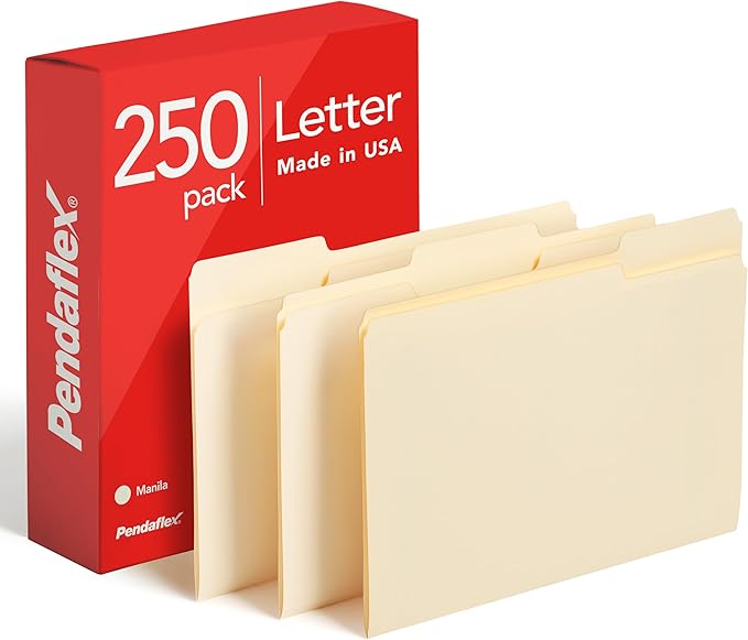 Pendaflex File Folders, 250 Bulk Pack, Durable Manila Folders, Letter Size (8.5" x 11"), 3 Tabs for Easy Labeling, Everyday Filing Essential for Offices, Classrooms & Home Document Organization