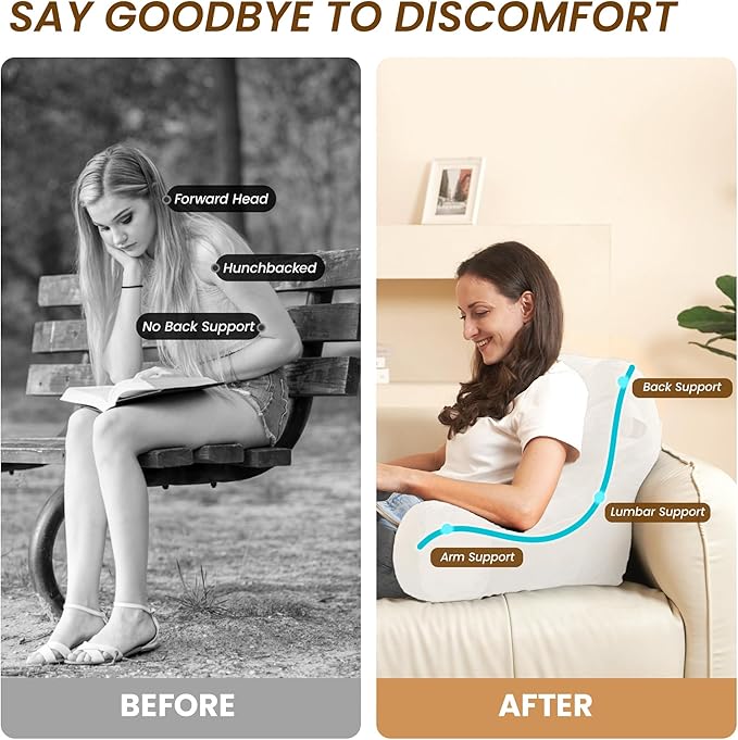 Portable Comfy Reading Pillows for Bed Sitting Up(Beige Oeko-Tex), Velvet Back Pillow with Arms & Pockets for Adults, Support Memory Foam Bed Pillow for Dorm/Reading/Watching/Gaming