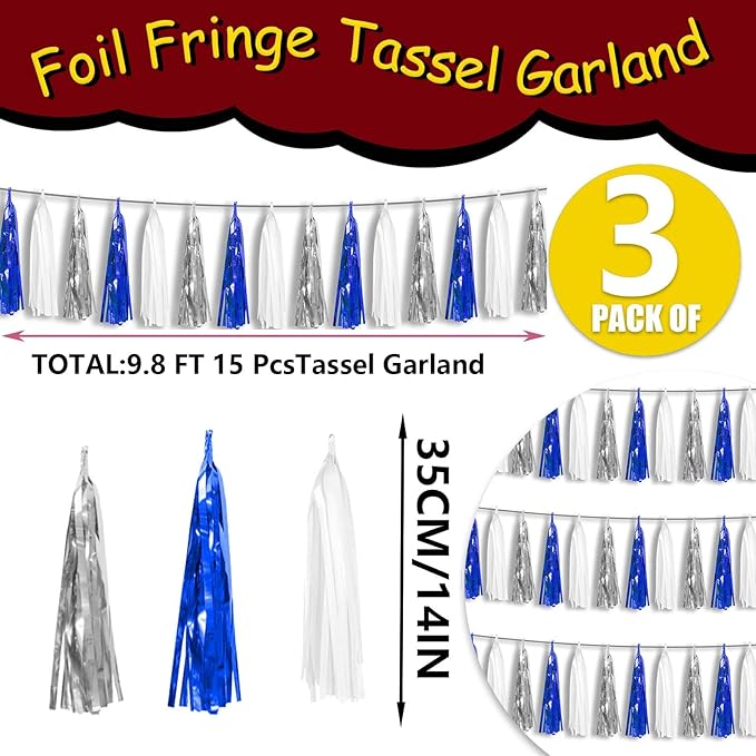 3P Metallic Fringe Tassel Banner Garland Foil Tinsel Streamer Wall Hanging Curtain Backdrop Banner for Parade Floats, Graduation Decorations, Retirement Party Decorations (Navy Blue White Silver)