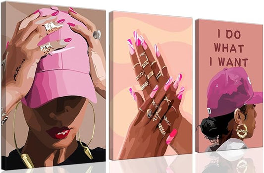 Black Girl Canvas Wall Art pink trend American Black Woman Posters Prints Wall Decor Pictures for Home Living Room Bedroom study Decoration,Framed16 x 24inches X3piece