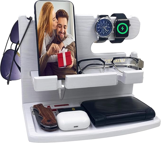 Gifts for Women Girlfriend Him Men Dad Husband Boyfriend Nightstand Organizer Wood Phone Docking Station(White)