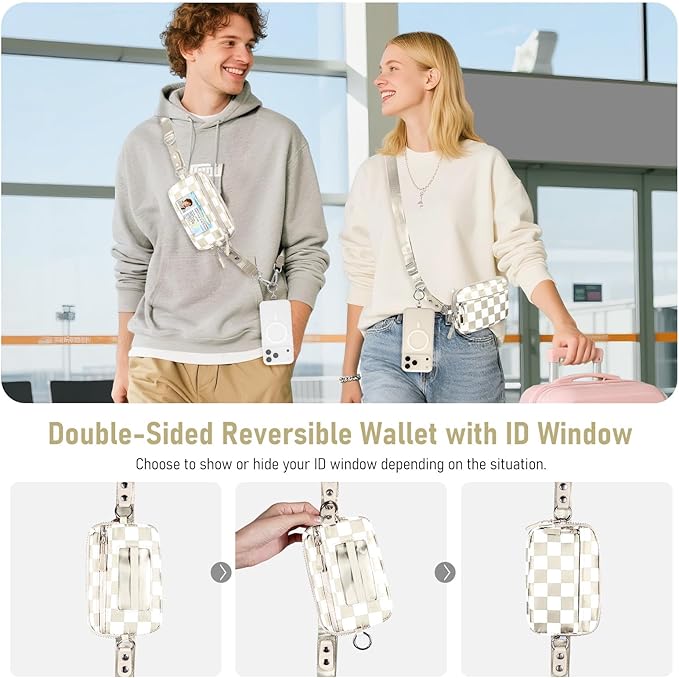 Clip and Go Strap for Phone with Wallet Crossbody Phone Lanyard and Detachable Checkered Bag with ID Window and RFID Pouch for Daily Travel.