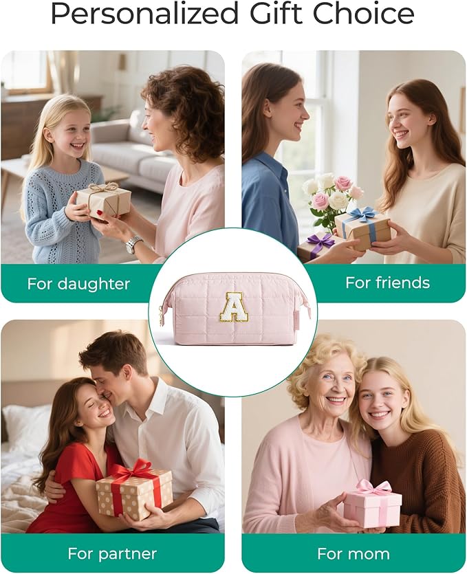 BAGSMART Birthday Gifts Personalized Initial Makeup Bag, Trendy Stuff Gifts for Women Bridesmaid Graduation, Puffy Padded Make Up Bags for Women, Wide-open Toiletry Bag, Pink L