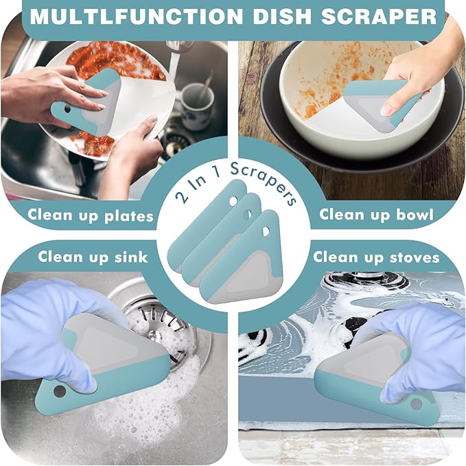 Food Scraper, 2-in-1 Pot and Pan Dish Scraper, Nylon and Silicone, Kitchen Scraper Tools for Cast Iron Skillets, Cookware, Dishes, Pans and Pots, Heat Resistant, Set of 3 - Blue