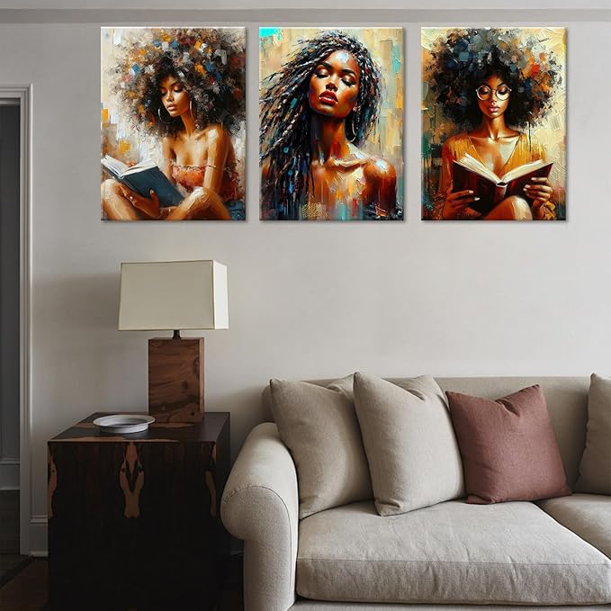 Framed Modern Abstract African American Women Wall Art Set of 3 Painting Canvas Prints,Boho Black Girl with Floral Accents, Inspirational and Trend Poster for Living Room,Bedroom, Office Decor,16X24in