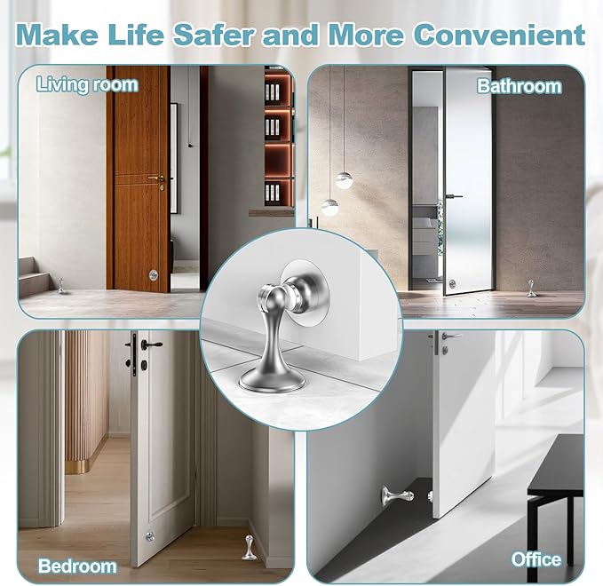 Magnetic Door Stoppers 6 Pack, Stainless Steel Door Stops for Wall and Floor Mounting, Door Holder Keep Door Open, No Drilling Door Stop with 3D Adhesive Tapes, Silver