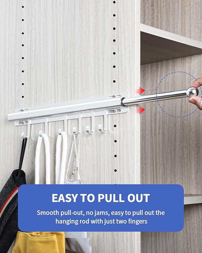 16.5 inch Valet Rod for Closets Pull Out Closet Valet Rod Slide Out Extra Long Silvery Valet Rods for Closets With 6 Hooks
