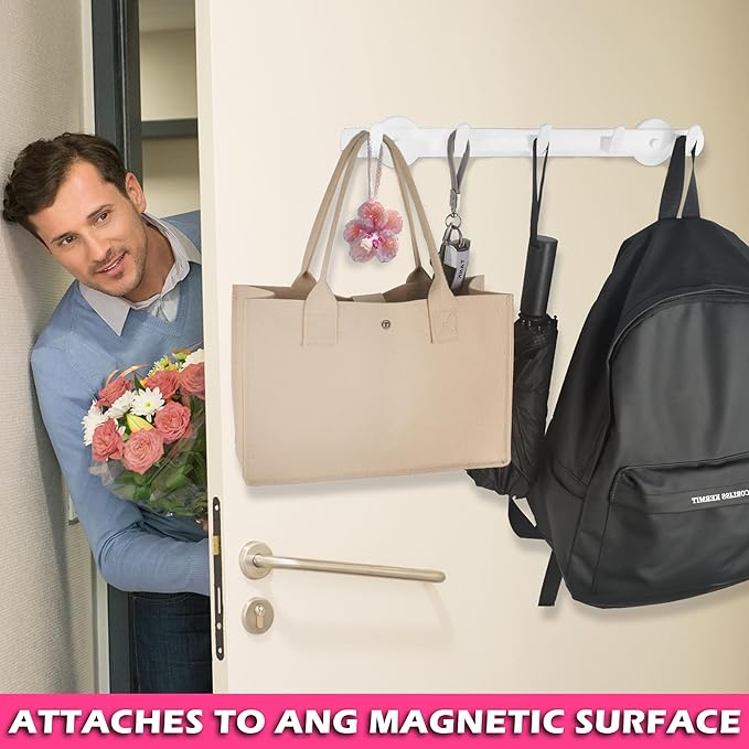 ULIBERMAGNET White Magnetic Coat Rack, Heavy Duty Magnetic Coat Holder with 5 Hooks, Anti-Slip Strong Magnetic Hanger for Refrigerator, Metal Cabinet, Entryway, Hanging Coats, Jackets, Umbrellas, Scarves, Bags