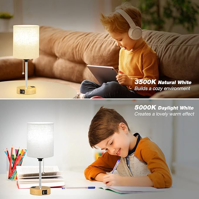 Small Bedside Lamp for Bedroom Nightstand - Table Lamp with USB C and A Port, Pull Chain Bed Lamps with AC Outlet, Wood Base Night Stand Lights for Kids Reading, Desk Lamp for Living Room/Dorm Room