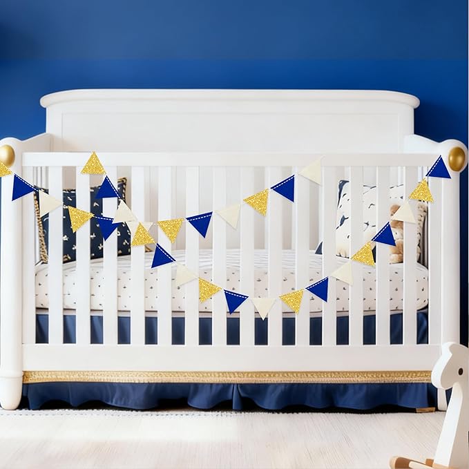Blue Gold Beige Party Decoration Royal Gold Glitter Felt Hanging Triangle Mini Bunting Pennant Banner Flag for Birthday Wedding Graduation Baby Shower Nautical Ahoy Anchor Party Nursery Classroom Decor