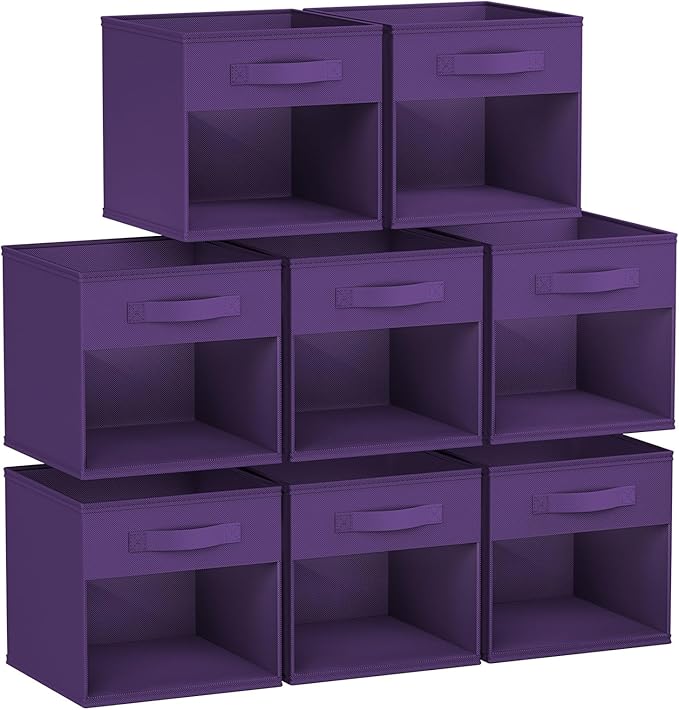 DIMJ Storage Cubes, Cube Storage Bin, 8 Pack Foldable Baskets with Window, Closet Storage Bins with Handle, 11x11 inch Storage Cubes for Clothes, Toys, Books (Purple)