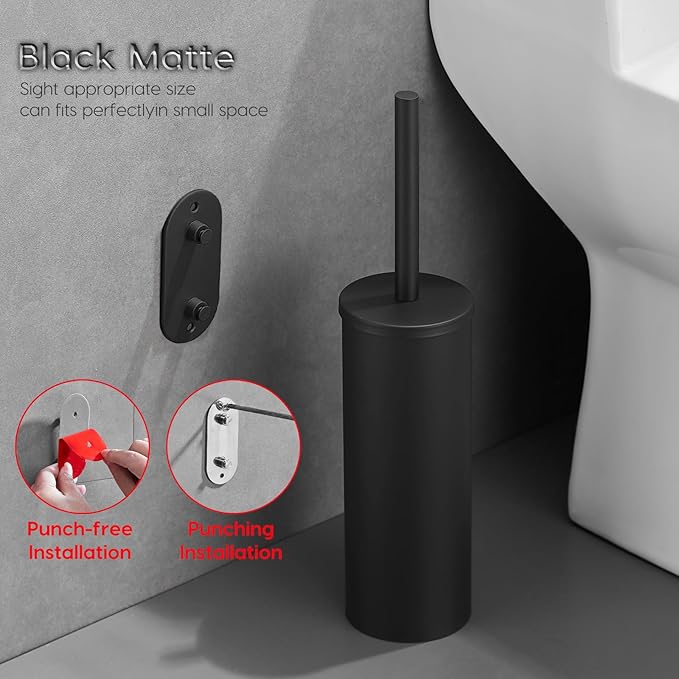 Toilet Bowl Brush and Holder, 304 Stainless Steel No-Punch Hook Base Dual-Purpose Toilet Brush Holder with Removable Inner Bucket and Splash Cover - Soft Bristles (Black)