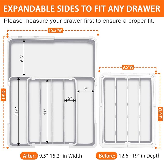 Silverware Organizer - Expandable Kitchen Drawer Organizer, BPA-Free Food-Safe Utensil Drawer Organizer with 7 Compartments, Deep Cutlery Tray for Forks, Knives, White
