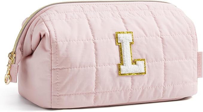 BAGSMART Birthday Gifts Personalized Initial Makeup Bag, Trendy Stuff Gifts for Women Bridesmaid Graduation, Puffy Padded Make Up Bags for Women, Wide-open Toiletry Bag, Pink L