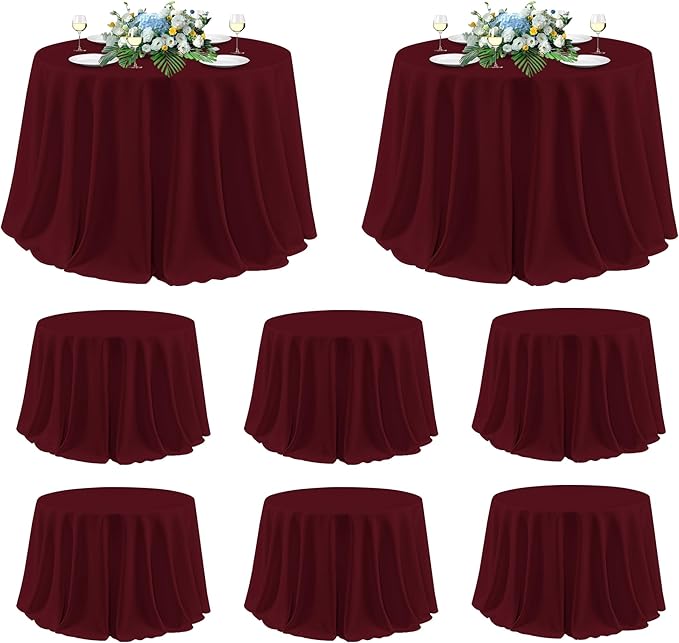 sancua 120 Inch Round Tablecloth, 8 Pack Burgundy - Circle Polyester Fabric Table Cloth for Chiristmas Party Reception Banquet Birthday, Washable Formal Table Cover (Fit 48-96 Inch Tables)