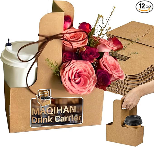 MAQIHAN 2 Cup Drink Carrier with Handle - 12Pcs Disposable Paper Cardboard Coffee Cup Holder Portable Drink Caddy Cup Carriers to go Cup Holder Food Delivery Accessories for Hot/Cold Drinks (Brown)