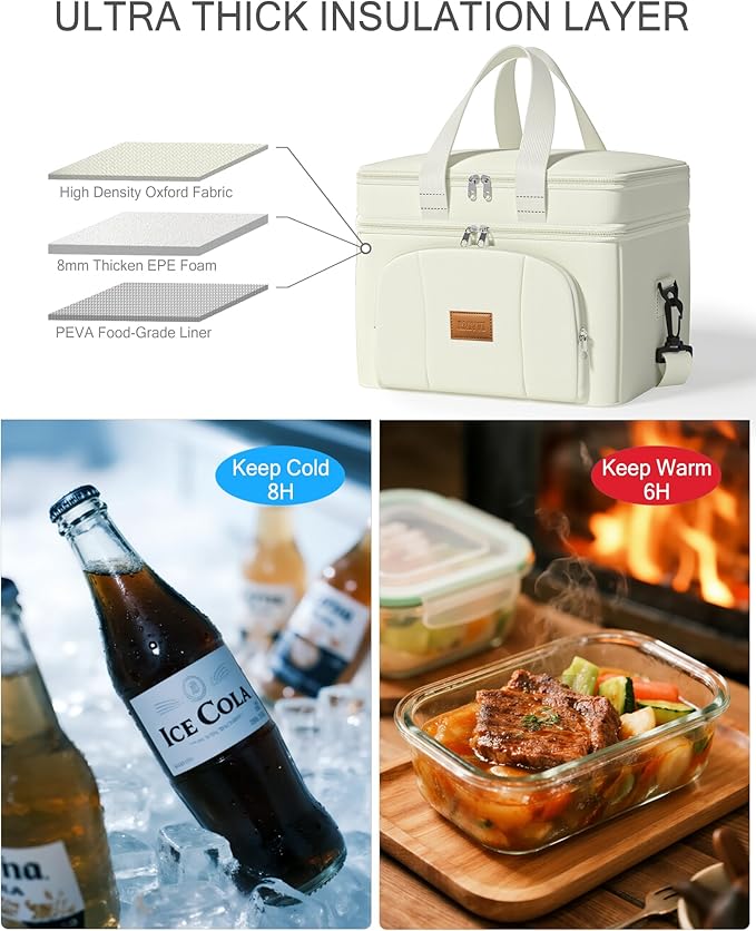 Rnivvi Lunch Box for Women, Double Decker Insulated Cooler Bag Lunch Bag Reusable Leakproof Tote Lunch Container with Strap for Work Family Picnic Hiking Camping, 18 Cans 12L, Large Adults, White
