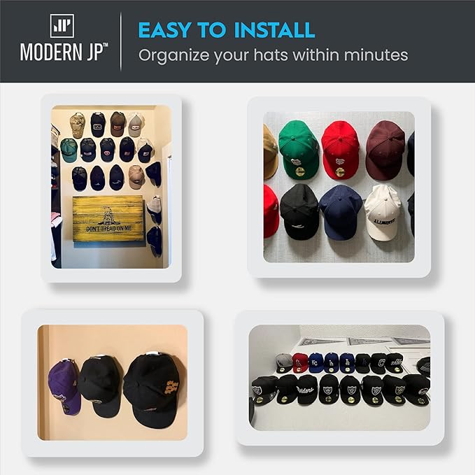 Modern JP Adhesive Hat Hooks for Wall (16-Pack) - Minimalist Hat Rack Design, No Drilling, Strong Hold Hat Hangers - USA Patented, Gray