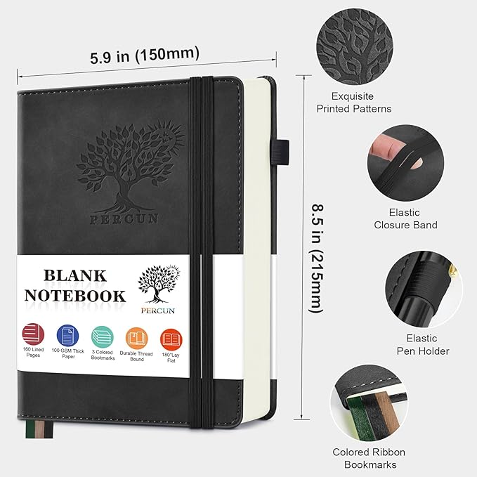 Blank Journal Ntebook for Men & Women, 160 Pages Blank Journals for Writing, Drawing,Sketch Book,5.9" x 8.5" Leather Sketchbook, Unlined Notebook for Work, School, Art - Black