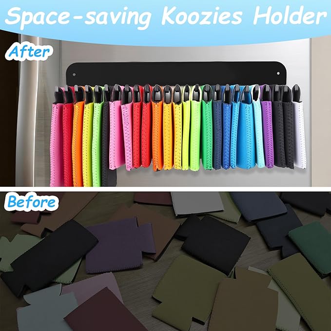 Can Cooler Sleeves Holder Magnetic for Fridge, Beer Sleeves Dispenser Organizer for Storage w/ 25 Hooks, with Screws for Wall Mounted, for Holidays Wedding Party