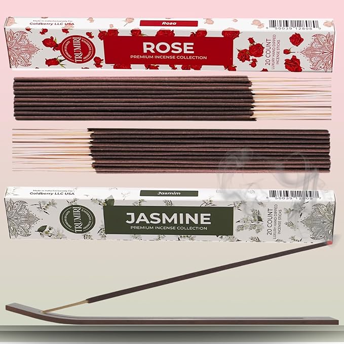 Trumiri Incense Sticks - Combo Pack of 40 Insence-Sticks - 20 Rose + 20 Jasmine - Insenses - Insents - Incents - Inscense - Incence - Incienso - All Natural Incense Sticks