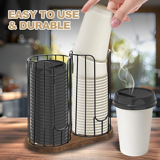 2-Compartment 18oz Coffee Cup Dispenser Rack with Wood Base, Disposable Cup, and Lid Organizer for Countertop - Perfect for Paper Cups and Lid Organizer