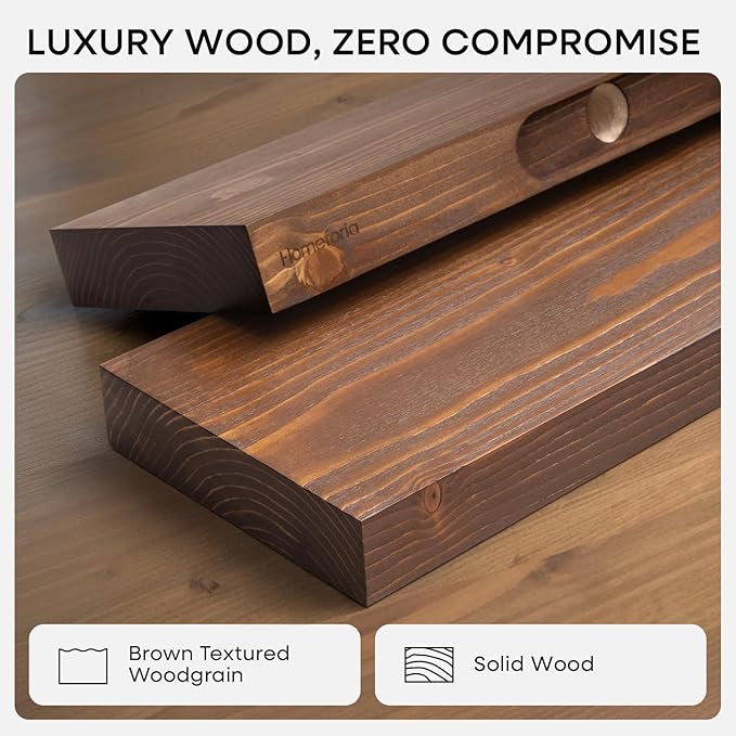 Homeforia Classic Walnut 30 inch Floating Shelf, High-End Solid Real Wood Small 30-inch Floating Shelves for Wall Mounted, 30in Floating Shelves, Heavy Duty Bracket, 30 x 6.5 x 1.75 inches, Set of 3