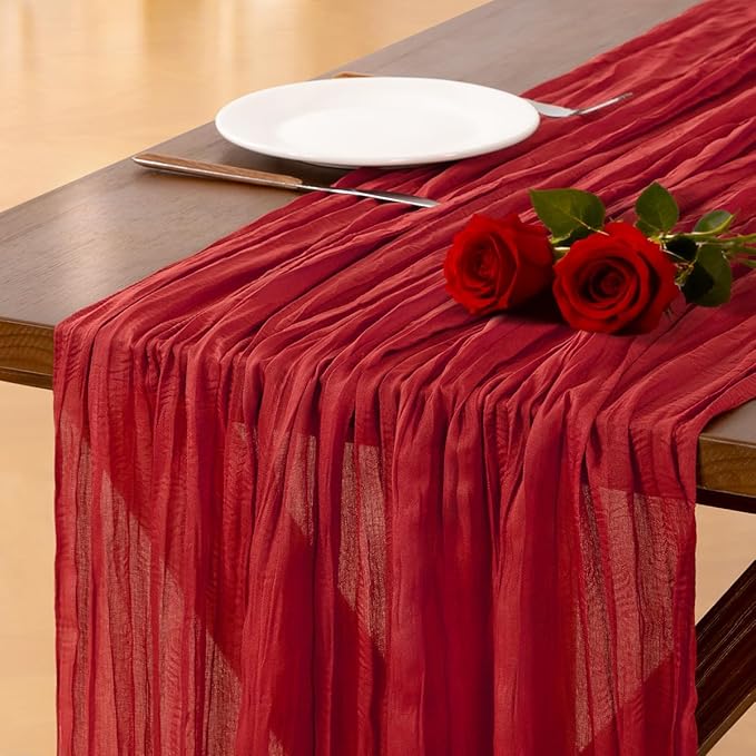 Socomi Red Cheesecloth Table Runner Summer Boho Rustic Gauze 120 inch 10FT Cheese Cloth Sheer Runner for Wedding Party Baby Shower Birthday Home Decor Holiday Decorations