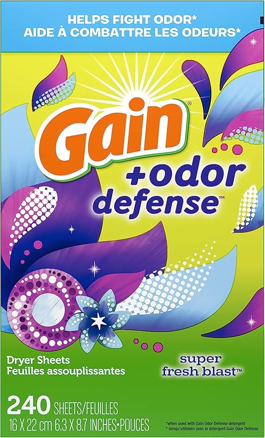 Gain + Odor Defense Dryer Sheets, Super Fresh Blast Scent Fabric Softener Sheets, 240 ct (Pack of 2)