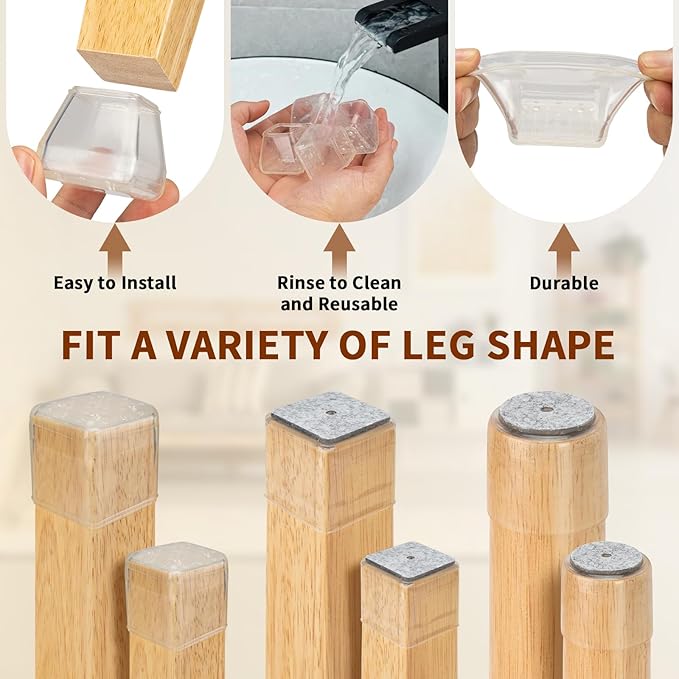 28Pcs Square Chair Leg Floor Protectors, Silicone Chair Feet Caps to Protect Carpets and Felt Pads Furniture Leg Caps Covers from Scratches and Noise(Clear, Small Fit:0.76"-1.02")