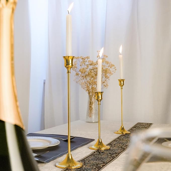 Metal Candle Holders for Candlesticks Taper Candlestick Holders Set Vintage Decorative Centerpiece Candelabra Tall Candle Stands for Halloween Thanksgiving Christmas (Gold, 2 Sets (6 pcs))