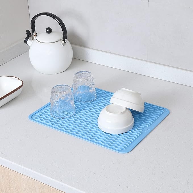 MicoYang Silicone Dish Drying Mat for Multiple Usage,Easy clean,Eco-friendly,Heat-resistant Silicone Mat for Kitchen Counter or Sink,Refrigerator or drawer liner Light Blue L 16 inches x 12 inches