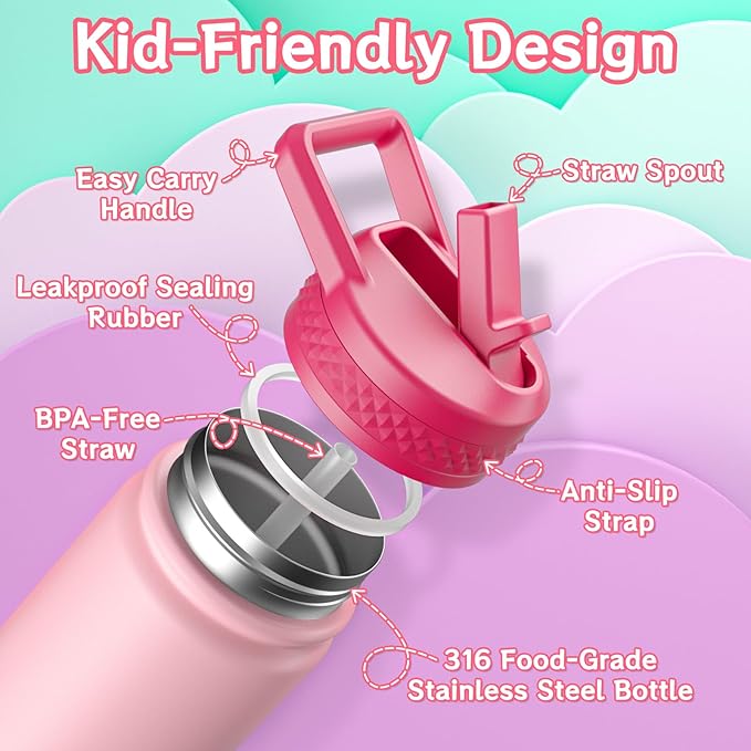 baab 18oz Kids Water Bottle, Insulated Water Bottle with Straw & Stickers, 18/8 Stainless Steel Vacuum Leakproof Kids Water Straw Cup for School, Perfect for Boy Girl (Rose Pink, 1 Pack)