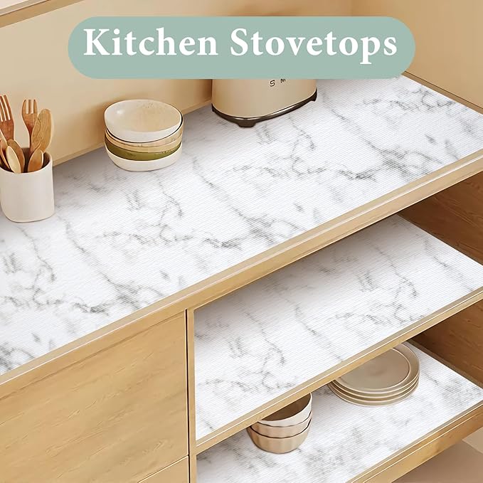 Drawer and Shelf Liner for Kitchen Cabinet: 12 in X 49.21 Ft Non-Slip Waterproof Shelf Paper, Non-Adhesive Refrigerator Liners, White Marble Easy Liners for Bathroom with Knife and Tape Measure