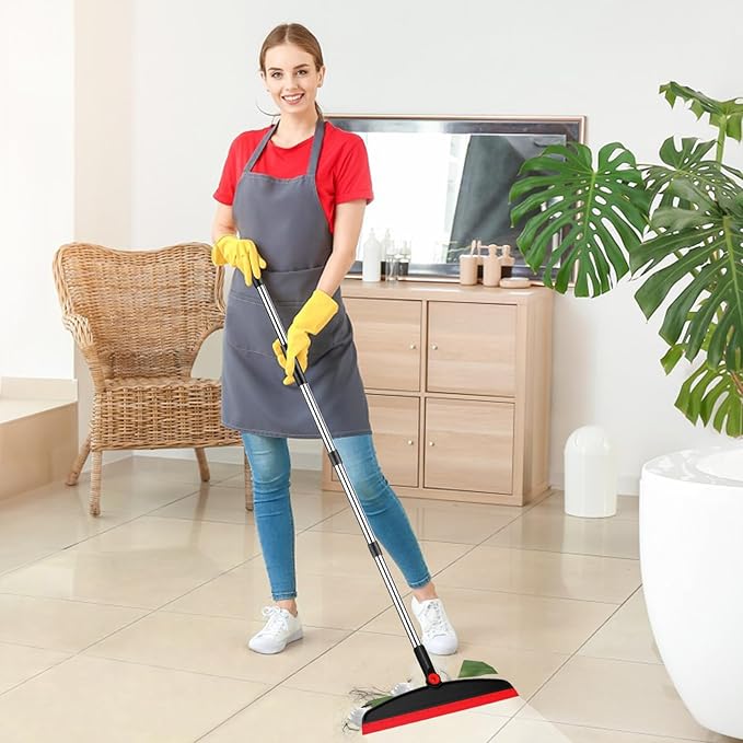 Multifunction Magic Broom, 54 Inch Adjustable Long Handle Silicone Floor Squeegee Broom, Sweep and Scrape 2 in 1 Household Cleaning Brooms for Floor, Bathrooms, Showers, Tile, Pet Hair, Black Red