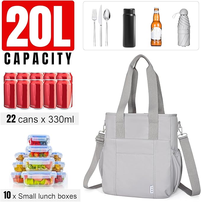 NOL Insulated Lunch Bag for Women, Large Spacious Lunch Tote Bag With Removable Adjustable Shoulder Strap with Multi Pockets, Leakproof Cooler Bag,Lightweight Nylon Waterproof Lunch Box For Work,Gray