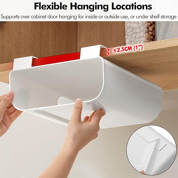Poeland Multi-Purpose Over Cabinet Door Organizer, Under-Shelf Storage Organizer for Kitchen Wraps, Foils, and Paper Towel Dispenser, 1 Adhesive Pad and 2 Screws Included (White)