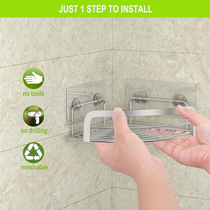 STEUGO 2 Pack Shower Caddy Corner, Bathroom Corner Shower Shelves, Adhesive Wall Mounted Shower Caddy with 4 Movable Hooks, No Drilling Shower Shelf, Stainless Steel Silver.