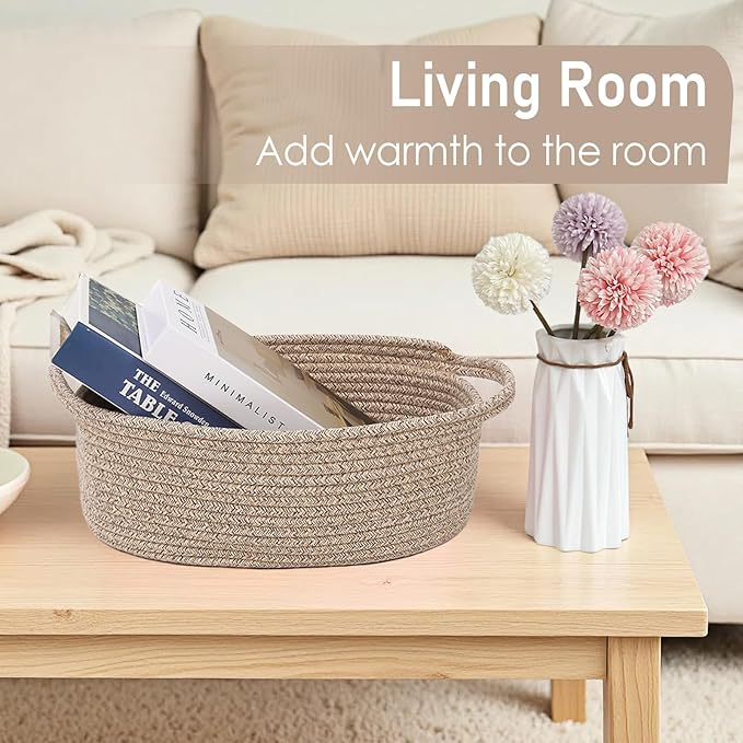 Woven Basket, Small Rope Storage Bin with Handles & Ribbon Bag, Organizer for Shelves Closets, Empty Gift Basket for Birthday, Books, Dog Toys, Oatmeal