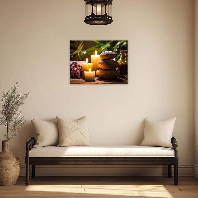 GLOKAKA Zen Canvas Wall Art Stacked Spa Stones White Candle Painting Relaxation Artwork Meditation Decor for Spa Yoga Room Bathroom Ready To Hang(Artwork-3,16"x24")