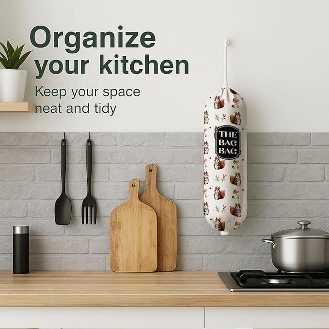 The Bag Bag Grocery Bags Holder, Cute Squirrel Grocery Bags Holder Organizer for Shopping Sack, Reusable Hanging Trash Sacks Dispenser, Wall Mount Plastic Sack Storage Container Dispensers