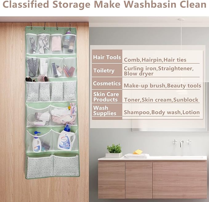 Over the Door Organizer with 4 Kinds of Pockets,Behind Door Shoes Rack,Back of Closet Storage Organization for Socks,Hat,Underwear,Luggage Packing,Hanging Holder Shelf in Home Dorm,Travel,Green