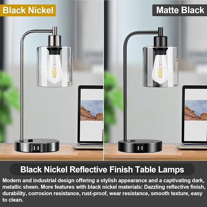 Industrial Touch Control Table Lamps Set of 2 - Black Nickel Bedside Lamps with 2 USB Ports & AC Outlet, 3-Way Dimmable Nightstand Desk Lamp for Bedroom Living Room, Glass Shade & 2 LED Bulbs Included