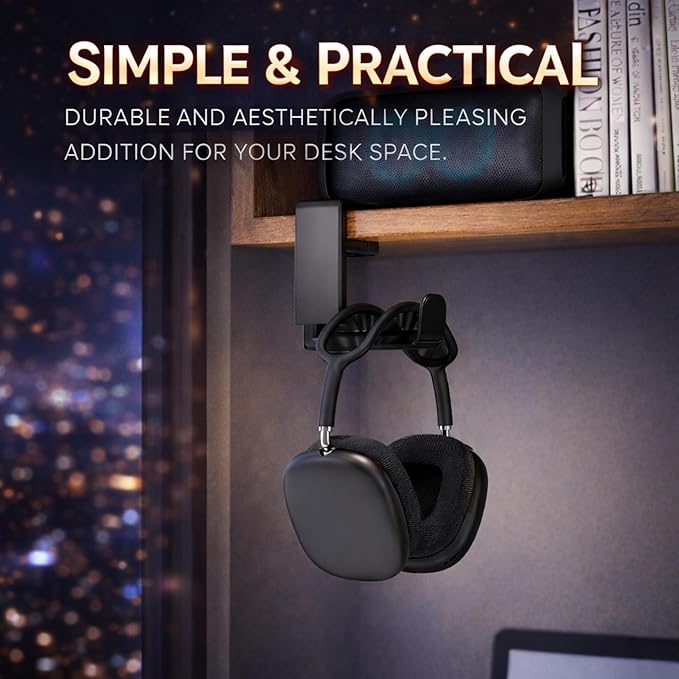 EURPMASK Rotating Headphone Stand - PC Gaming Headset Holder, Adjustable Clamp-on Under Desk Hanger With 360 Degree Swivel & Cable Clip Organizer - Black
