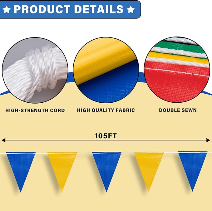 105ft Pennant Banner Flags, 7x10 Blue and Yellow 45 Pcs High Visibility Safety Flagging on String, Triangle Pool Flag for Backstroke, Construction Events Party Decoration Parking Marking Outside