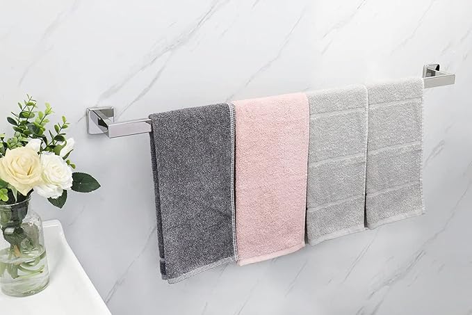 TocTen Bath Towel Rack - Square Base Thickened SUS304 Stainless Steel Towel Bar for Bathroom, Bathroom Accessories Towel Rod Heavy Duty Wall Mounted Towel Holder. (Chrome, 33)